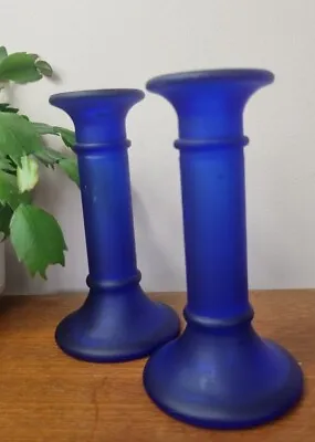 Buy Pair Of Blue Glass Candlestick Holders 90s Style Column Small Interior 6in Tall • 14.99£