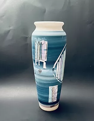 Buy Vintage 90s BMP Bald Mountain Pottery Handpainted Blue Fish Design Vase 11 1/4” • 55.95£