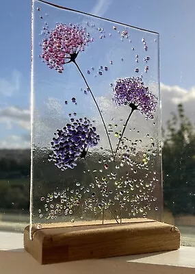 Buy Whimsical Handmade Fused Glass Art Pink Mix Flower Picture & Oak Stand • 26.99£