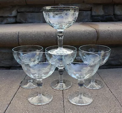 Buy Vintage Standard Glass SGM2 Cut Florals & Dots Footed Tall Sherbet Dish Set Of 6 • 23.70£