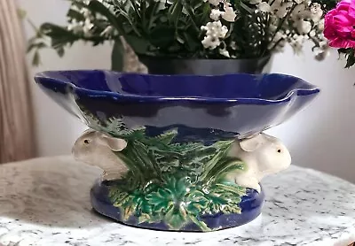 Buy Majolica Pottery Blue W/White Rabbits Pedestal Bowl Centerpiece 10.75  L X 5  H • 39.85£