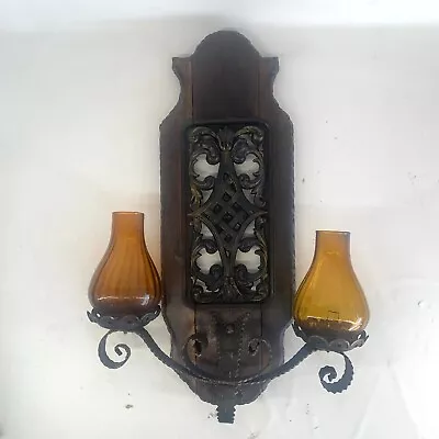 Buy Vintage Spanish Wall Sconce Amber Glass Candle Holders Wood Metal 17.5  X 12  • 178.55£