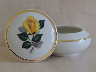 Buy Genuine Bavarian Porcelain Trinket Box Round White Golden Band Yellow Rose • 6£