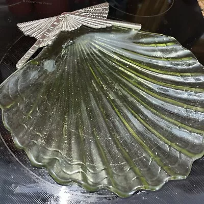 Buy Vintage Green  Glass Sea Shell Clam 11”Serving Platter Plate DECO Silver RARE • 41.65£