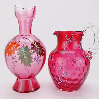Buy Antique Victorian Cranberry Glass Vase & Jug Hand Painted Floral Design • 59.99£
