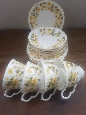Buy Queen Anne Bone China Footed Cup And Saucer Set Yellow Floral 12pce 4 Trios • 15£