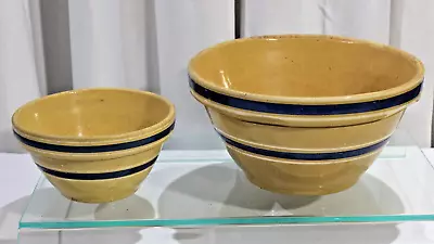 Buy Antique Primitive Yellow Ware Blue White Banded Serving Mixing Bowl Set 2 • 227.69£