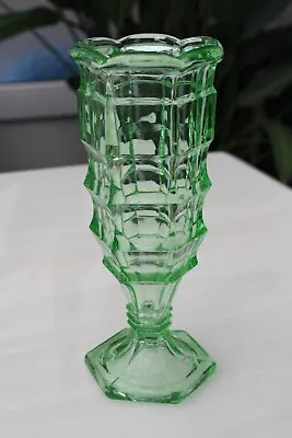Buy Tall Davidson Sowerby Jacobean Green Glass Pedestal Vase Hexagonal Base • 10£