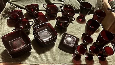 Buy Vintage Pigeon Blood Red Glassware (35) Glasses, Plates, Cups Set • 156.54£