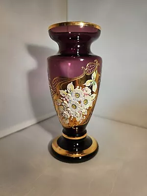 Buy Vtg Purple Amethyst Bohemian Painted Floral Glass Vase Gold Gilt • 23.68£