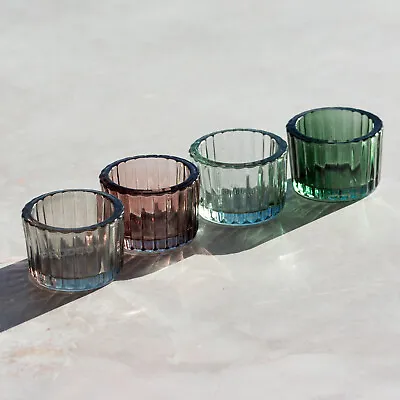 Buy Pack Of 12 Ribbed Glass Tealight Candle Holders - Set Of 4 Attractive Colours • 15£