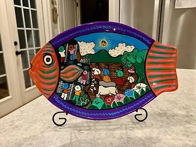 Buy Hand Painted Mexican Clay Pottery Fish Plate Platter Terra Cotta Story Plate 11” • 25.61£