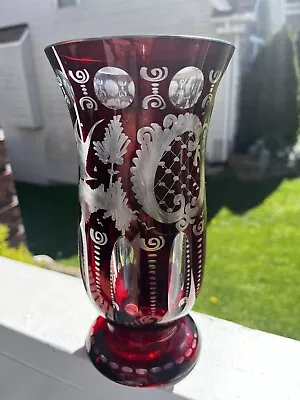 Buy Egermann Bohemian Red Cut To Clear Vase Castle Bird • 86.40£