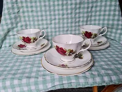 Buy Lovely Vintage Coronet Bone China Tea  3 Cups Saucers & Plates Red White Roses  • 12.99£