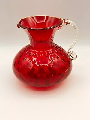 Buy Vintage Pilgrim Glass Diamond Optic Ruby Red Pitcher Handle Rim Glows 5.25” • 32.07£