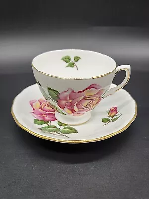 Buy Vintage Royal Vale Cup Saucer Bone China Floral Gold Pink Roses 8229 • 8.82£