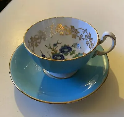 Buy Vtg Aynsley Bone China Cabbage Roses Gold Vines Footed Cup & Saucer Blue • 62.45£