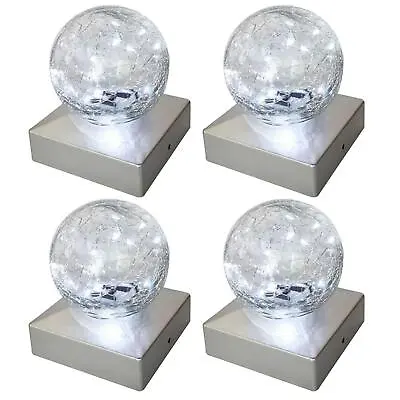 Buy 4 Solar Deck Cap Post Lights Outdoor Garden Crackle Glass Ball Lights Cool White • 27.95£