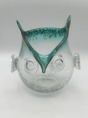 Buy Crackle Art Glass Owl Vase Green On Clear With Gold Flecking Applied Wings Eyes • 45.41£