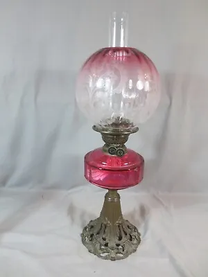 Buy Antique Victorian Brass And Cranberry Cut Glass Duplex Oil Lamp & Etched Shade • 475£