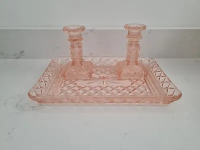 Buy Vintage Peach Pink Glass Dressing Table Tray With Candle Stick Holders Pretty • 29.99£