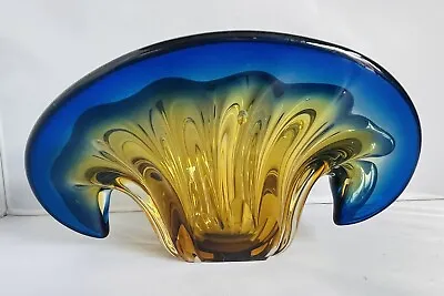 Buy Vintage Art Glass Blue & Amber Scallop Bowl • 22£