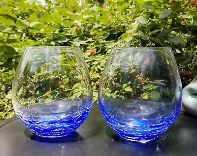 Buy Pier 1 Crackle Blue Stemless Wine Glass Double Old Fashioned New Set Of 2 • 47.26£