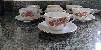 Buy Vintage China Cup & Saucer White With Pink Flowers & Gold Trim JAPAN Set Of 7 Ea • 19.13£