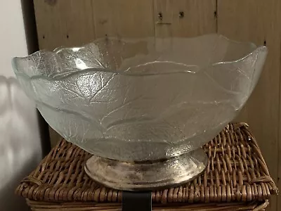 Buy Large Glass Cabbage Leaf Detail Punch Bowl Fruit Bowl With Metal Base • 7.50£