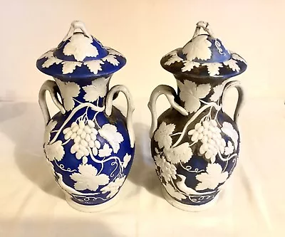 Buy Pair Of Antique Victorian Blue & White Parian Ware Vases With Grapes & Vines • 47£