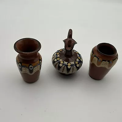 Buy 3 Bulgarian Small Pots Bud Vase Troyan Redware Slipware Pottery Peacock Eye A9 • 15.50£