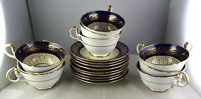 Buy 9 Aynsley English Bone China 7601 Cobalt & Heavy Gold Tea Cup & Saucer Sets • 150.79£