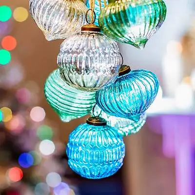 Buy Christmas Bauble Tree Decoration Recycled Glass Clear/Green/Blue Rippled 8cm • 19.99£