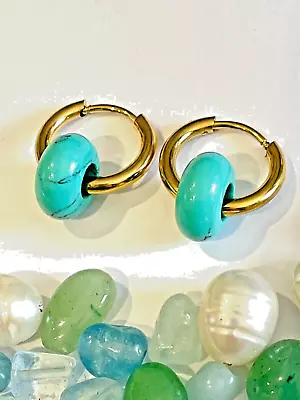 Buy Turquoise Gemstone Donut Gold Huggie Hoop Earrings • 8.99£