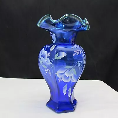 Buy Fenton Cobalt Blue Floral Hand Painted Hexagonal Vase Special Order 1998 C1433 • 110.83£