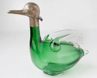 Buy Vintage Green Bohemian Glass Duck Decanter W/ Brass Head Made In Czechoslovakia • 142.31£