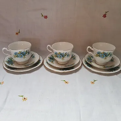 Buy 3 Vintage Queen Anne Fine China Blue Flower Daisy Trios Teacup, Saucer, Plate • 15£