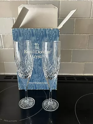 Buy 2 X Royal Doulton Vintage Crystal Cut Champagne Flutes Glasses Signed • 58.99£