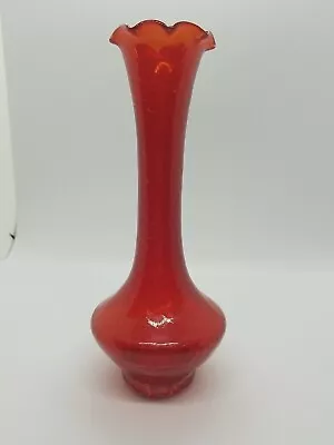 Buy Vintage Fire-Red/Orange Crackle Glass Bud Vase Ruffled Top 8  Tall • 18.89£