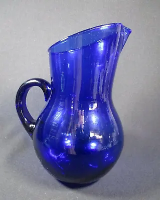 Buy Lovely Vintage Cobalt Blue Glass Handmade Art Glass Pitcher Jug / Vase 24cm High • 23.97£