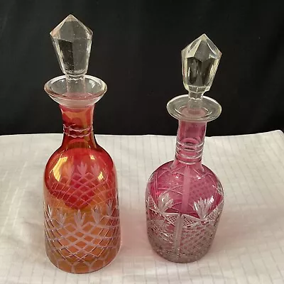 Buy X2 Vintage Cranberry/pink Cut Glass Decanters. • 30£