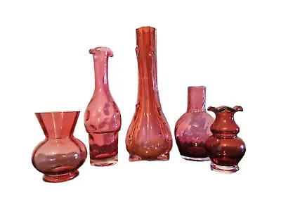 Buy Collection Of 5 Vintage Cranberry Glass Vases • 25£