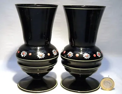 Buy Victorian Black / Amethyst  Glass Enamelled  Vase X 2 • 27.99£