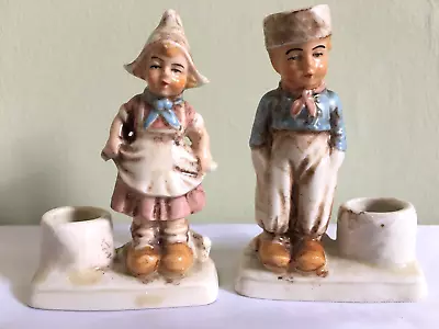 Buy Vintage Dutch Porcelain Bisque Boy & Girl Candle Holder Figurine Set • 13£