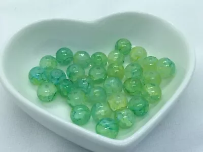 Buy Pack Of 30 Crackle Glass Green, Aqua And Yellow Beads,  8mm, Marble Effect • 2.76£