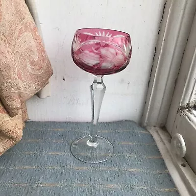 Buy Old Bohemian Cranberry Overlay Hoch Glass Wine Glass C.1920 Engraved Vine Leaf A • 10£