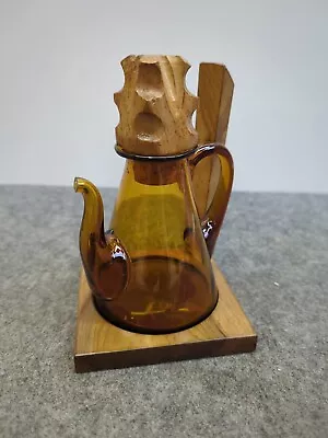 Buy Vintage 70s Amber Glass Crackle Pattern Jug / Oil Pourer With Wooden Base #g • 19£