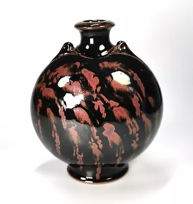 Buy Vintage Studio Pottery Lugged Flask Tenmoku Glazed Iron Oxide Brushwork Signed • 90£