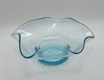 Buy Vintage Hand Blown Art Glass LIGHT BLUE CRACKLE Glass Bowl   7” X 2.5” • 11.47£