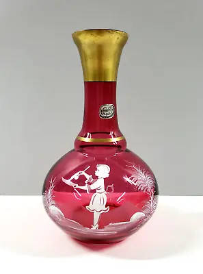 Buy Vintage Mary Gregory Cranberry Gold Bohemian Glass Czechoslovakia Decanter Vase • 36.17£